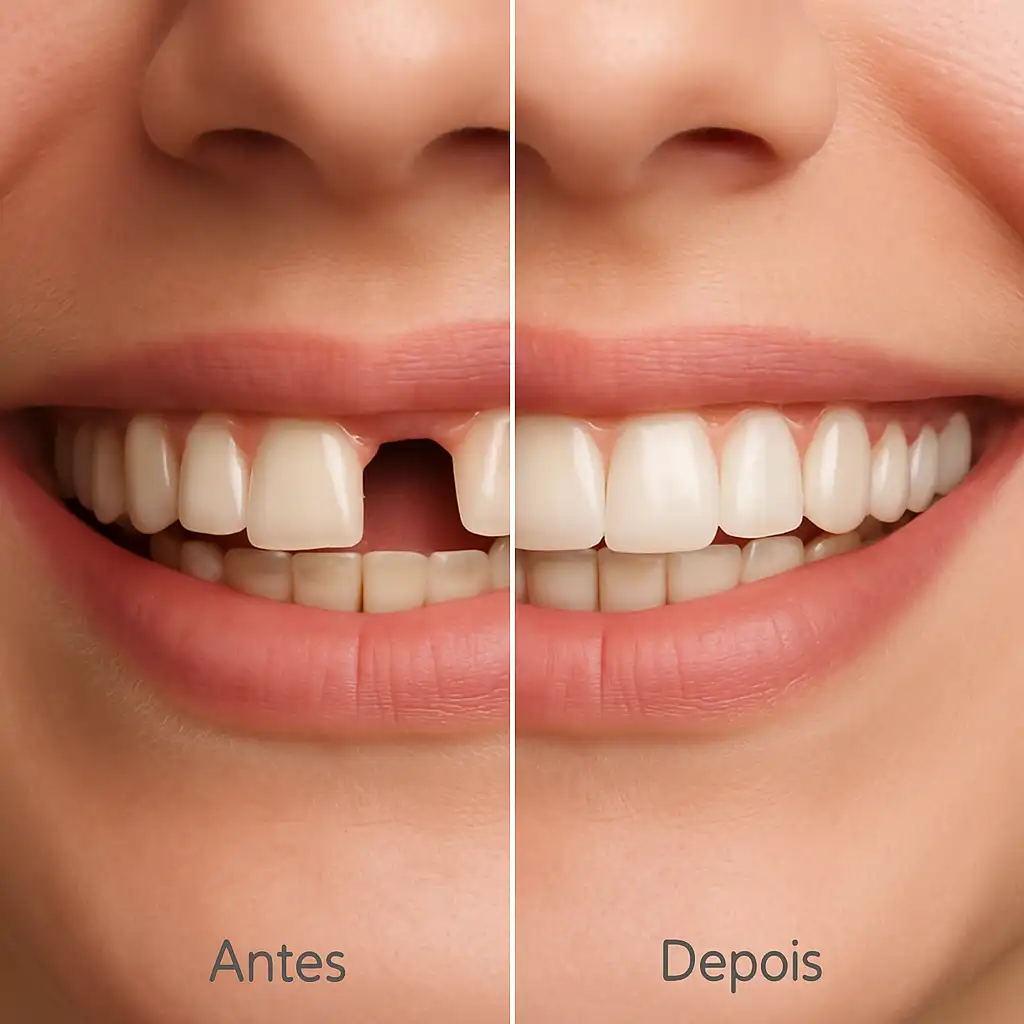 Antes e depois: implante substituindo dente da frente