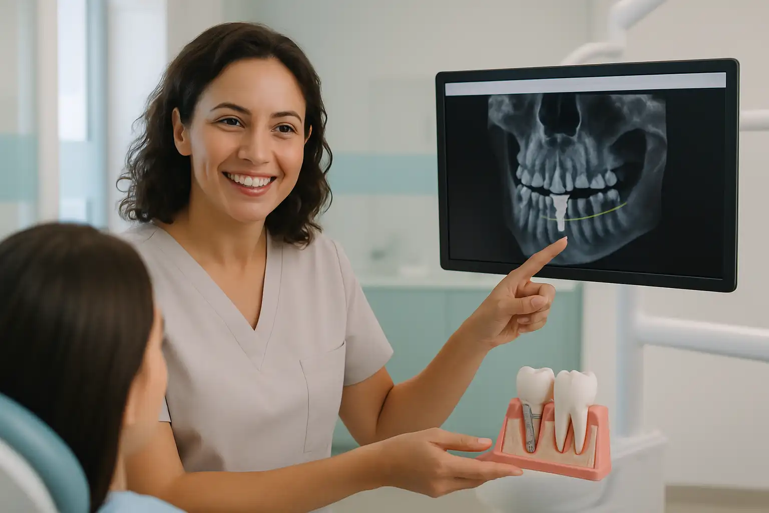Dentista da Bahia Sorriso explicando o implante com tomografia